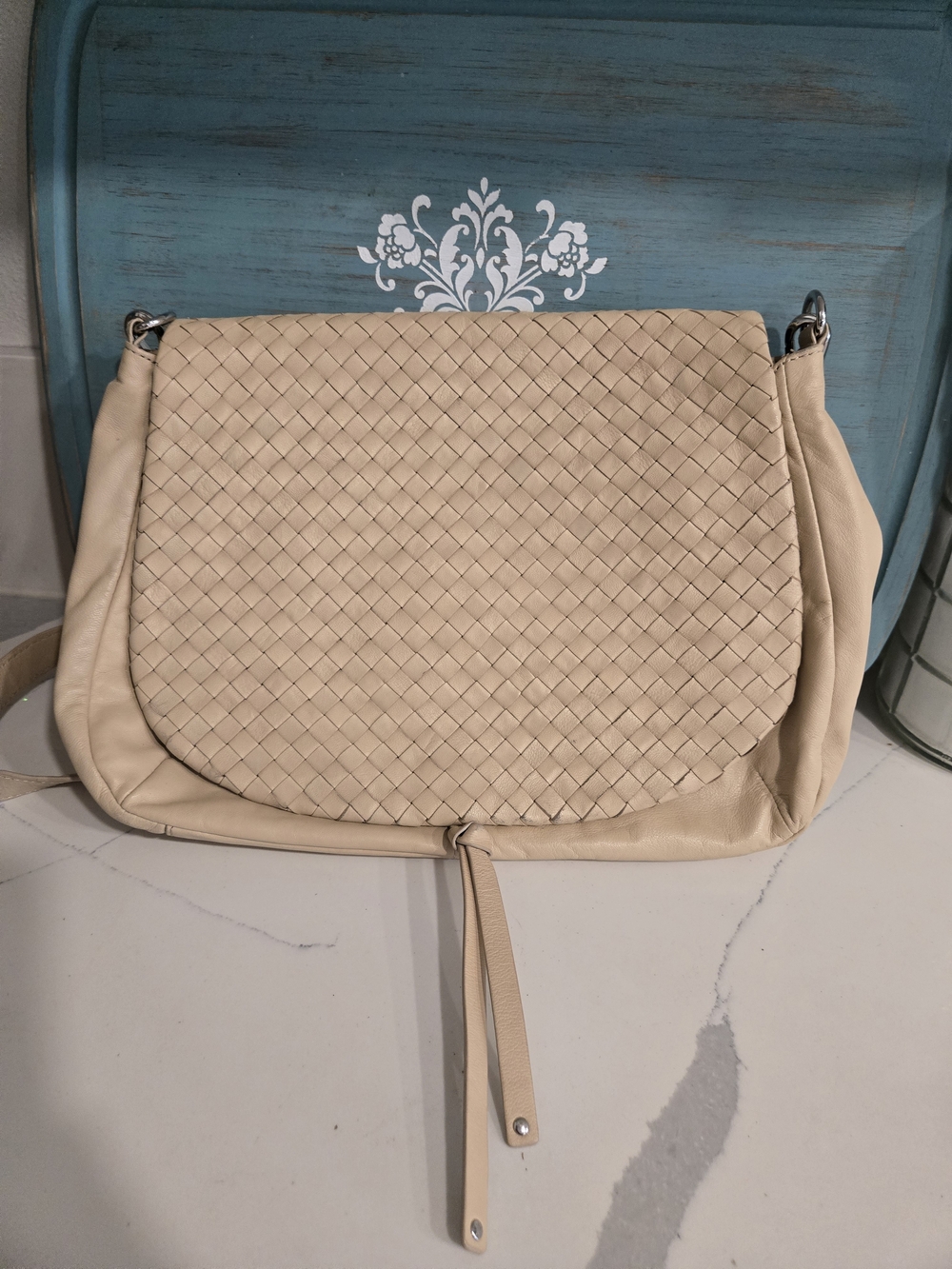 Cream Woven Flap Crossbody Bag with Tassel Accent